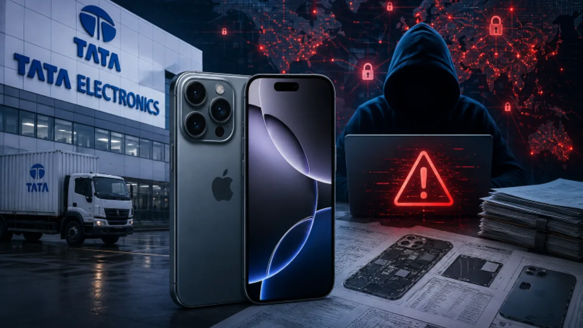 Supply chain security desk with smartphone design files and warning indicators