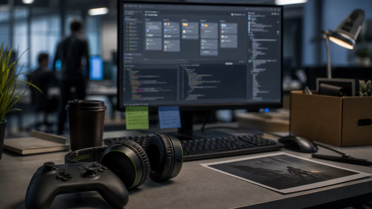 Xbox studio restructuring shown through a game controller and workstation