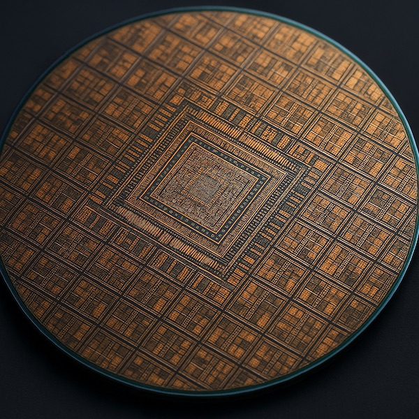 Advanced semiconductor wafer showing intricate AI chip circuitry for D-Matrix inference processors