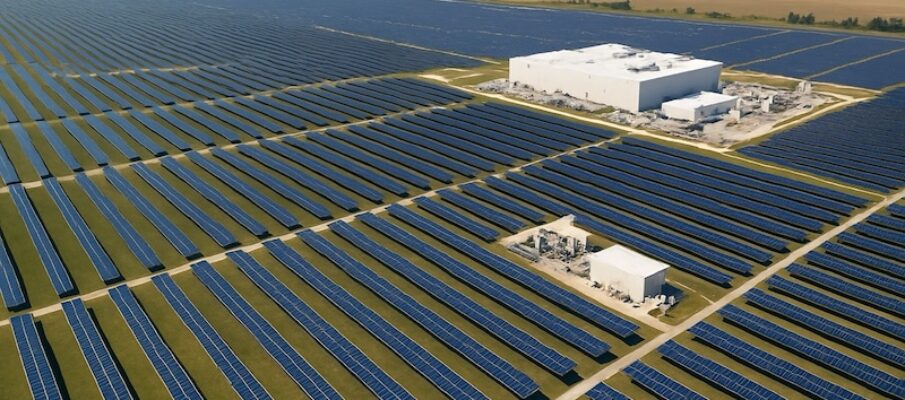 Aerial view of Montpelier solar project in Ohio showing vast solar panel installation powering Google AI data centers Large