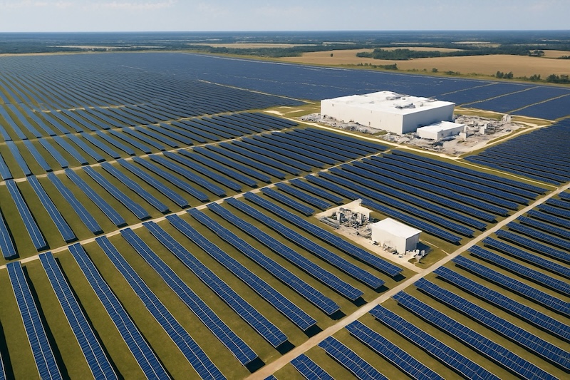 Aerial view of Montpelier solar project in Ohio showing vast solar panel installation powering Google AI data centers Large