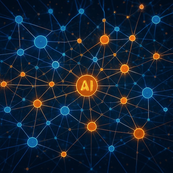 Digital artwork showing interconnected neural network nodes representing AI infrastructure and data flows