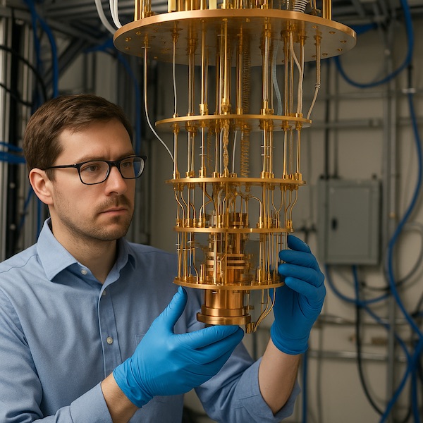 IBM quantum researcher examining cryogenic quantum processor components in lab environment